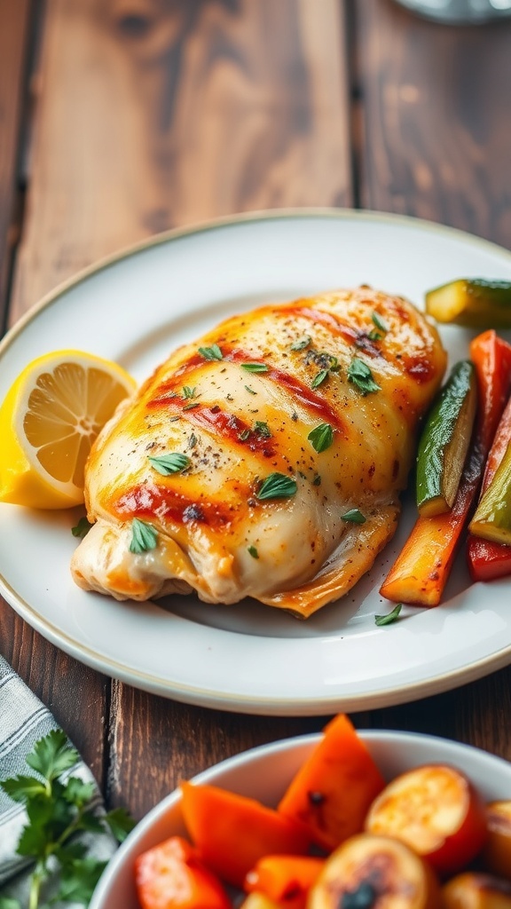 Oven-Baked Chicken Breast Recipe Oven-baked chicken breast garnished with herbs, served with roasted vegetables on a rustic table.